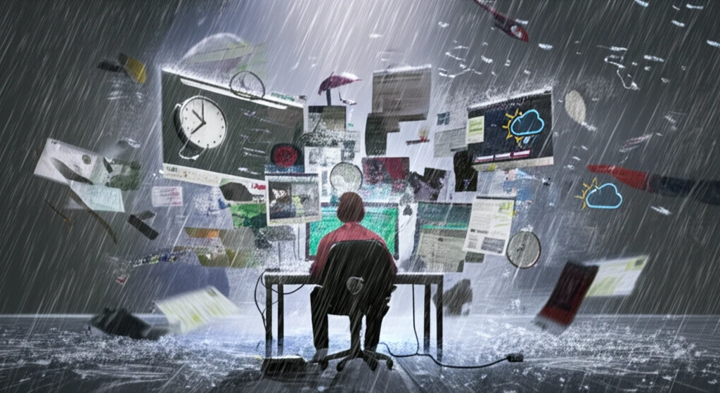 Surreal illustration depicting the influence of weather and time on online shopping habits.