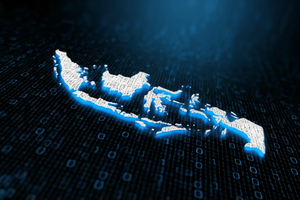 A key unlocking a map of Indonesia, symbolizing information access.