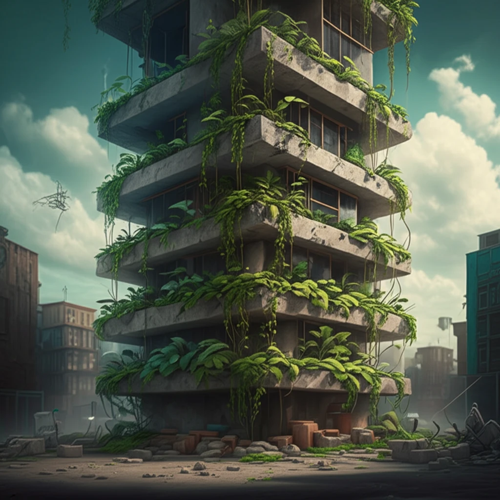 Sustainable building made of recycled concrete with plants.