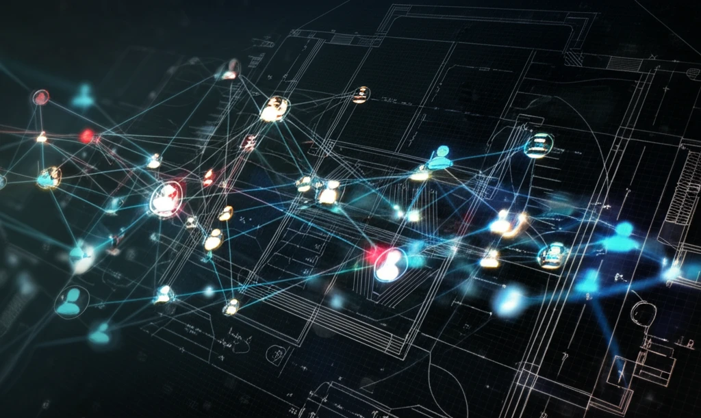 A project discussion network visualized as interconnected nodes and lines on a blueprint.