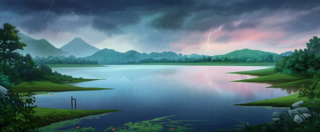 Surreal image of a reservoir reflecting a stormy sky with subtle pollution hints
