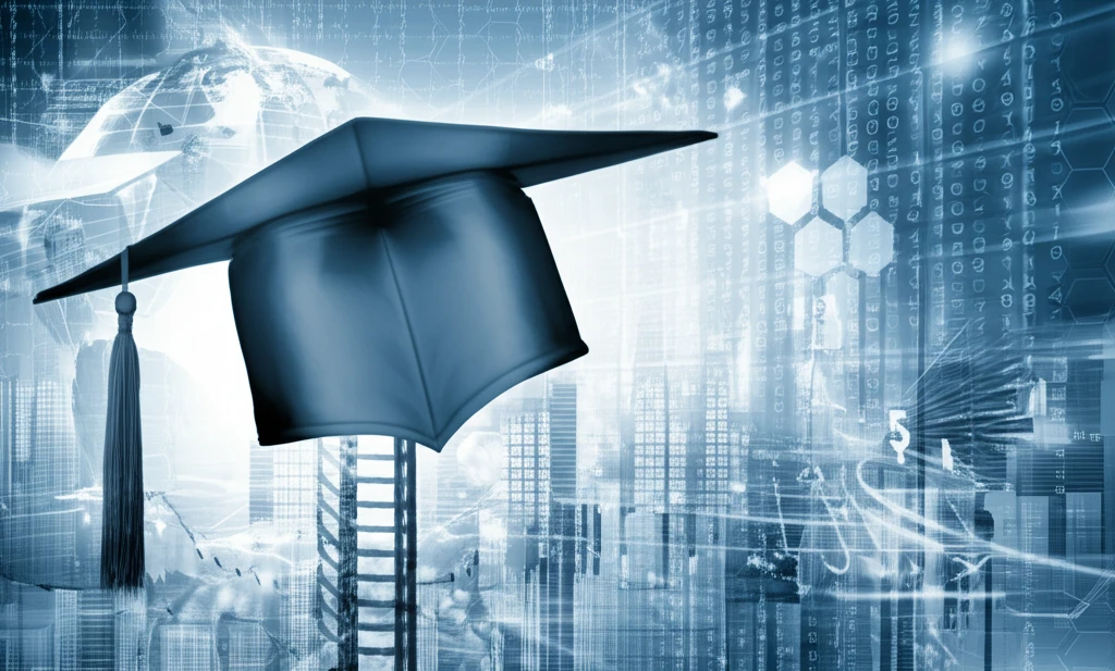Transformation of Education: Graduation cap morphing into broadcasting tower