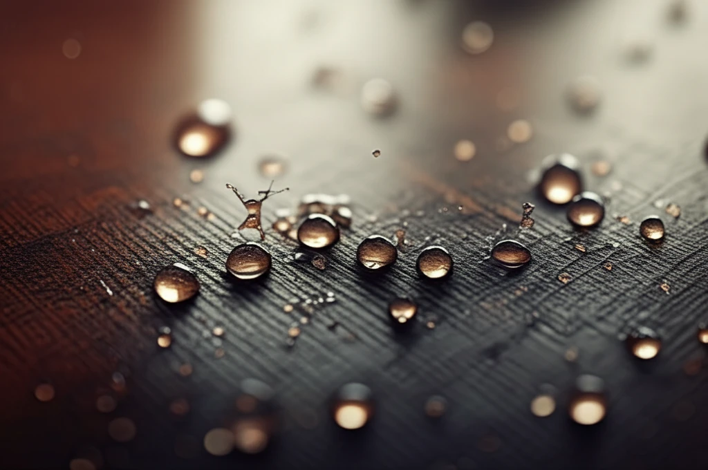 Surreal illustration of water droplets dancing across a hydrophobic surface.