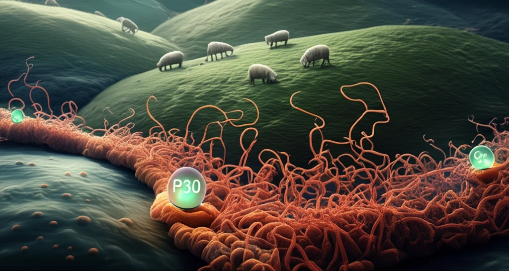 Microscopic view of Mycoplasma agalactiae bacteria with glowing P30 protein markers, background with healthy sheep and goats grazing.