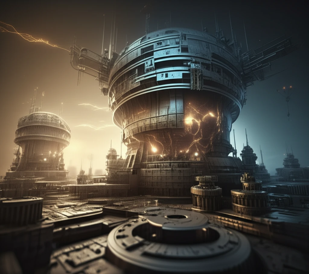 Futuristic steel structure with titanium core and radiant energy fields.
