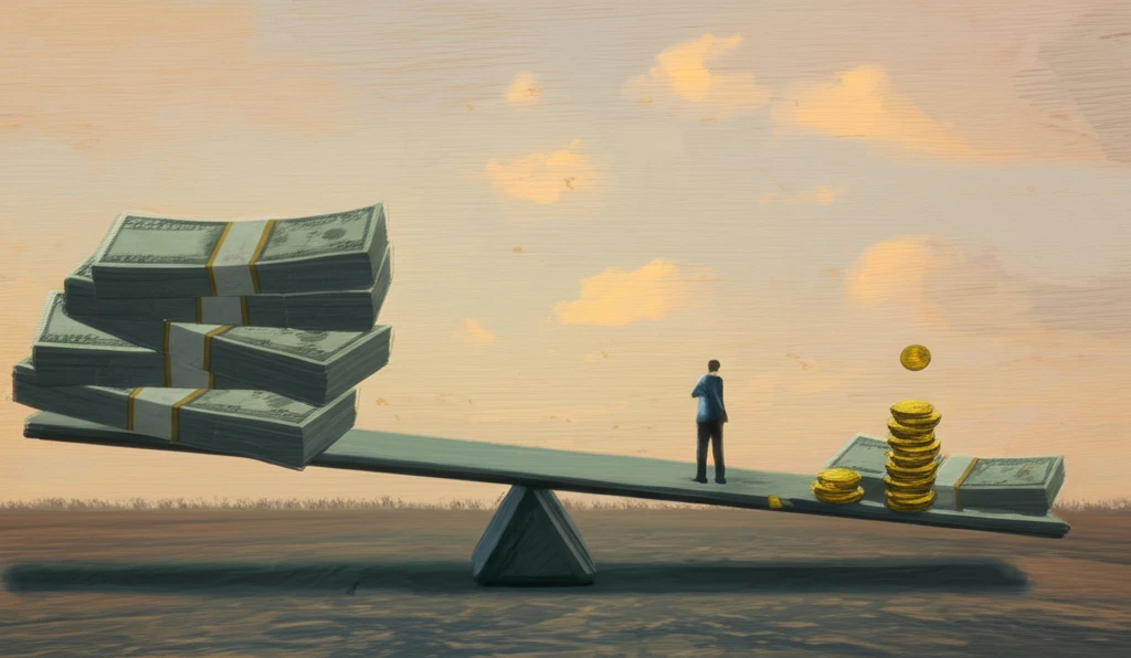 A person struggles to balance a seesaw representing the balance between fixed pay and performance-based incentives.