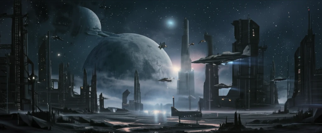 Futuristic spaceport city on the moon, blending commerce and exploration.