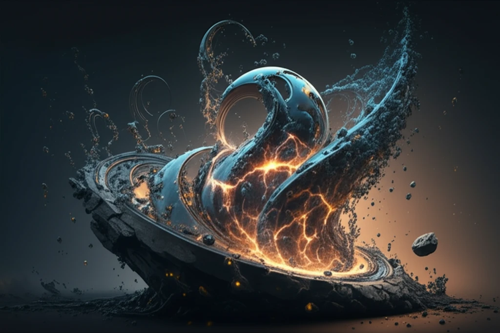 Surreal illustration of coal fragments and water droplets forming energy.