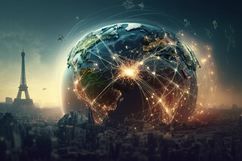 Globe with neural airline pathways and submerged tourist destinations illustrating climate risk.