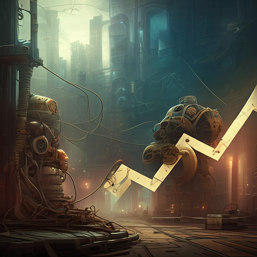 Futuristic cityscape symbolizing economic growth with vintage technology and human capital.