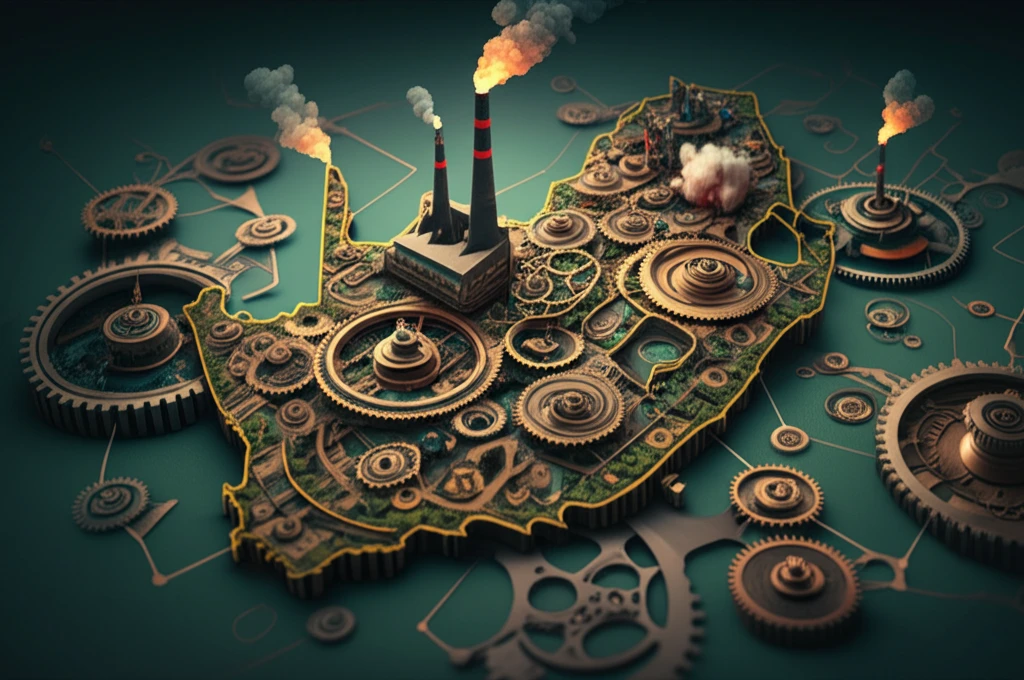 Interconnected gears forming the shape of South Africa, symbolizing manufacturing and economic growth.