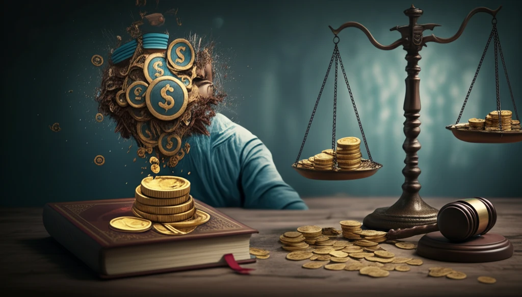 Scale balancing gold coins and a religious book, symbolizing Islamic finance.