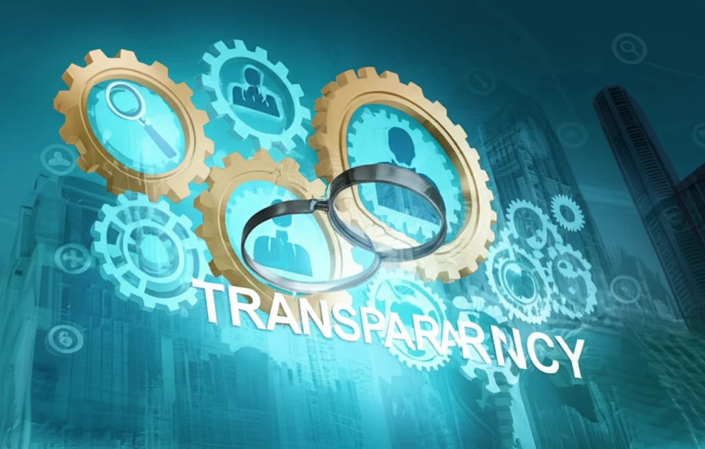 Interconnected gears and magnifying glasses symbolize corporate transparency and accountability.