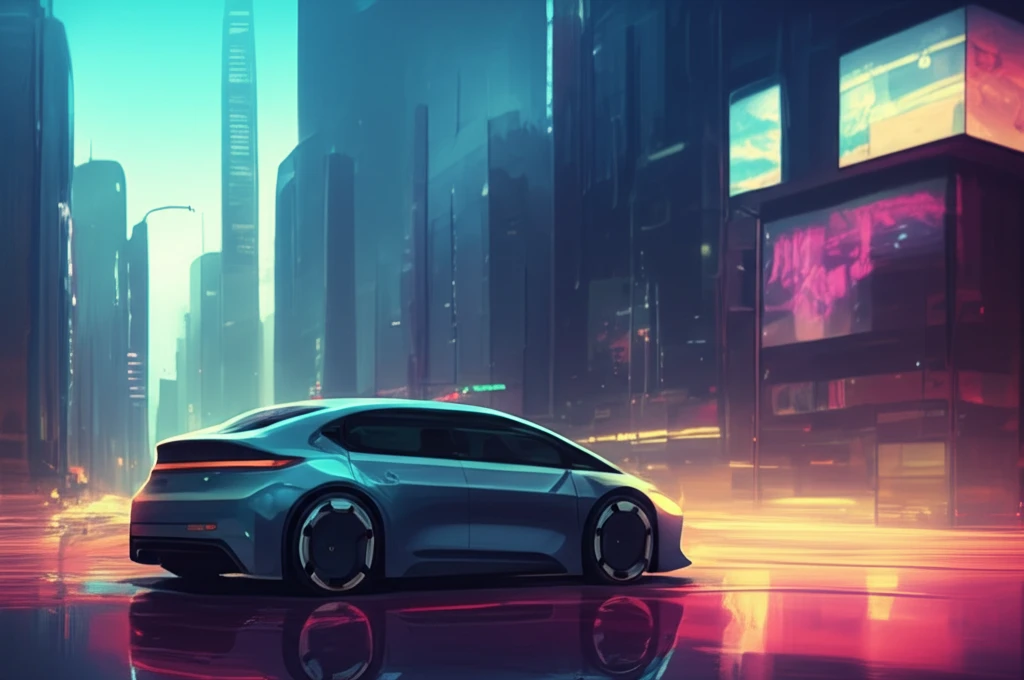 Futuristic electric vehicle blending into a vibrant cityscape, symbolizing the integration of technology and nature in sustainable mobility.