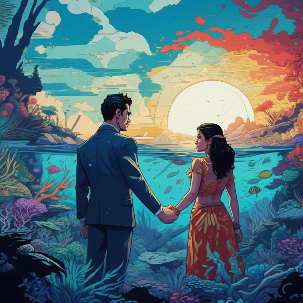A symbolic image of Japan-Pacific Islands cooperation, featuring a handshake against a backdrop of coral reefs and a sunrise.