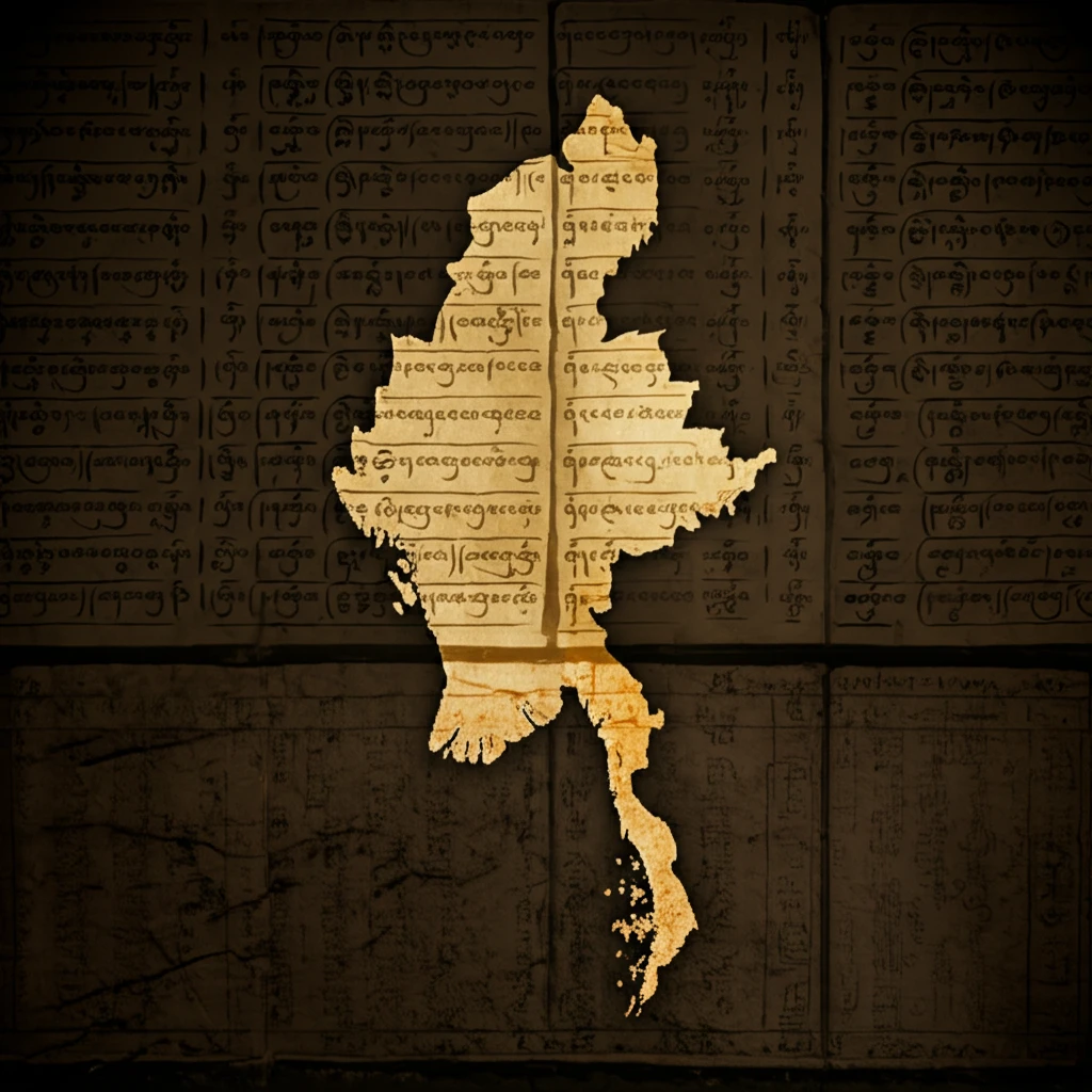Ancient Arakanese inscriptions overlaying a modern map of Rakhine State, symbolizing the connection between past and present.