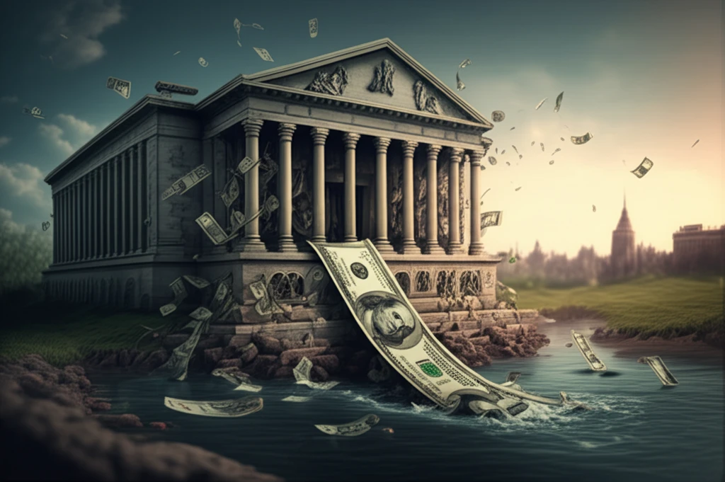 A central bank transforming into a river of money.