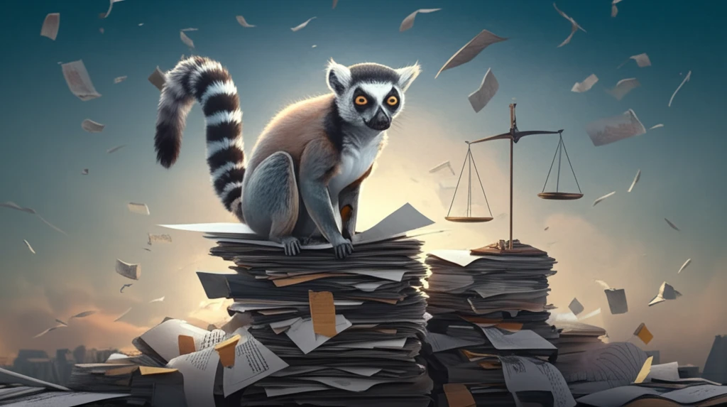 Lemur balancing conservation documents on scales of justice, Madagascar