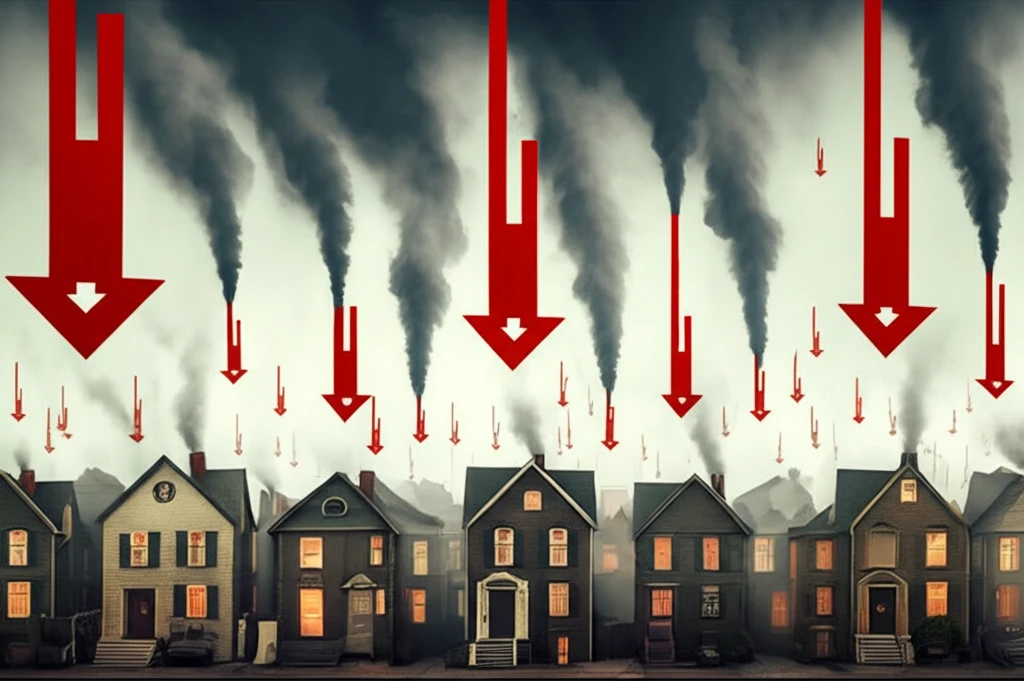 Illustration of houses under a smoggy sky with downward pointing price tags.