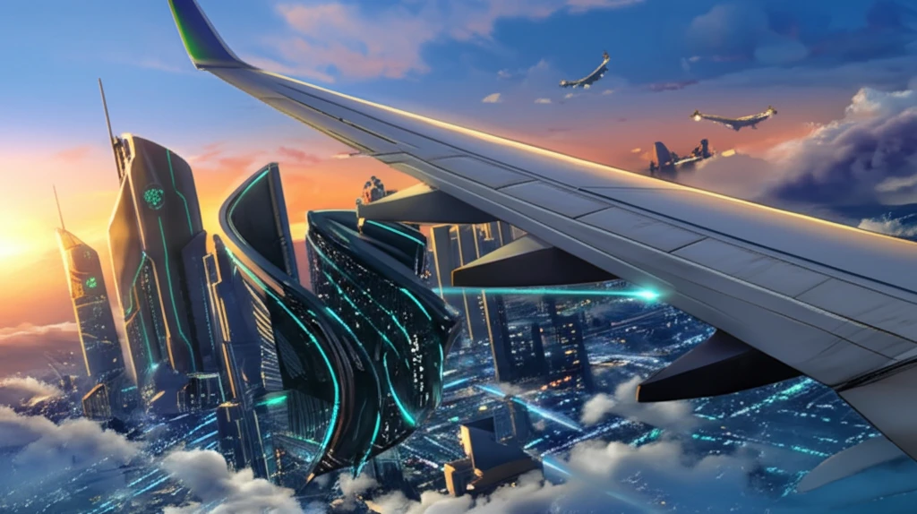 An airplane wing with a twistable trailing edge morphing in flight over a futuristic cityscape.
