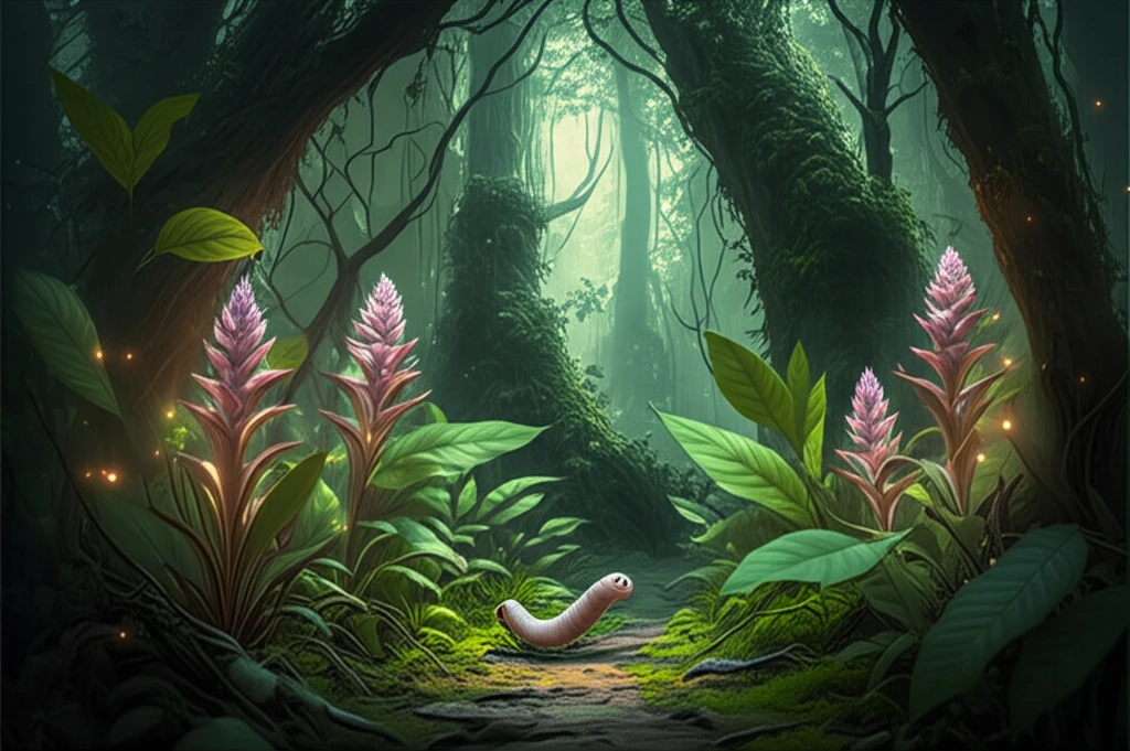 Lush forest scene featuring Phrynium imbricatum plants with glowing leaves, symbolizing their medicinal properties.