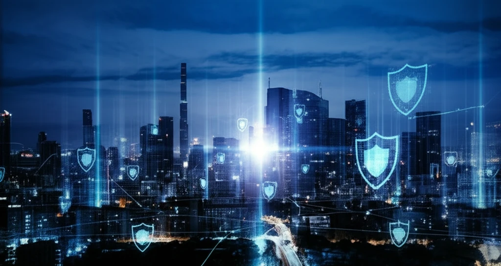 Stylized city skyline at night symbolizing precision targeting with collateral damage mitigation.