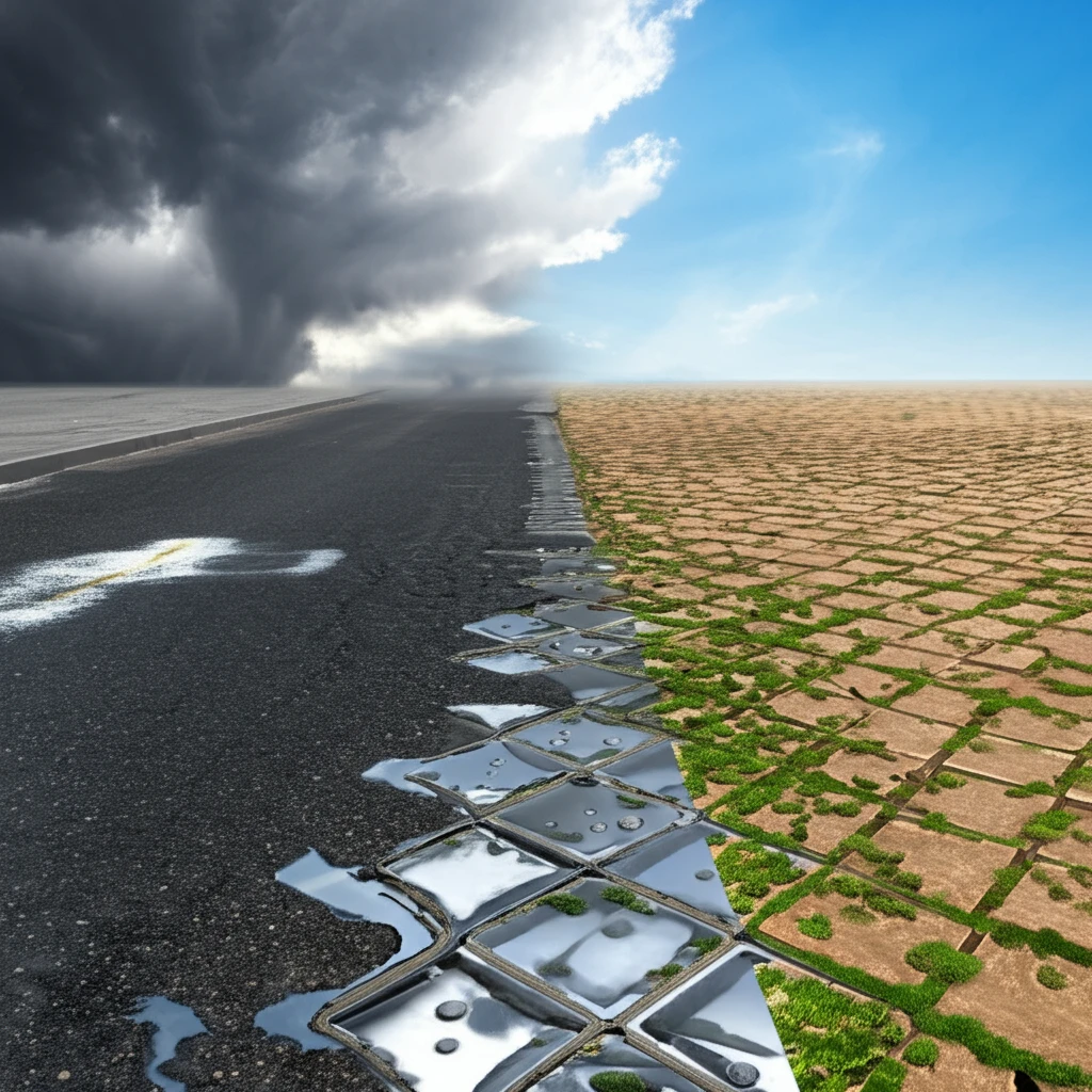 Surreal illustration of a city street showcasing the environmental and safety benefits of porous pavement compared to traditional asphalt.