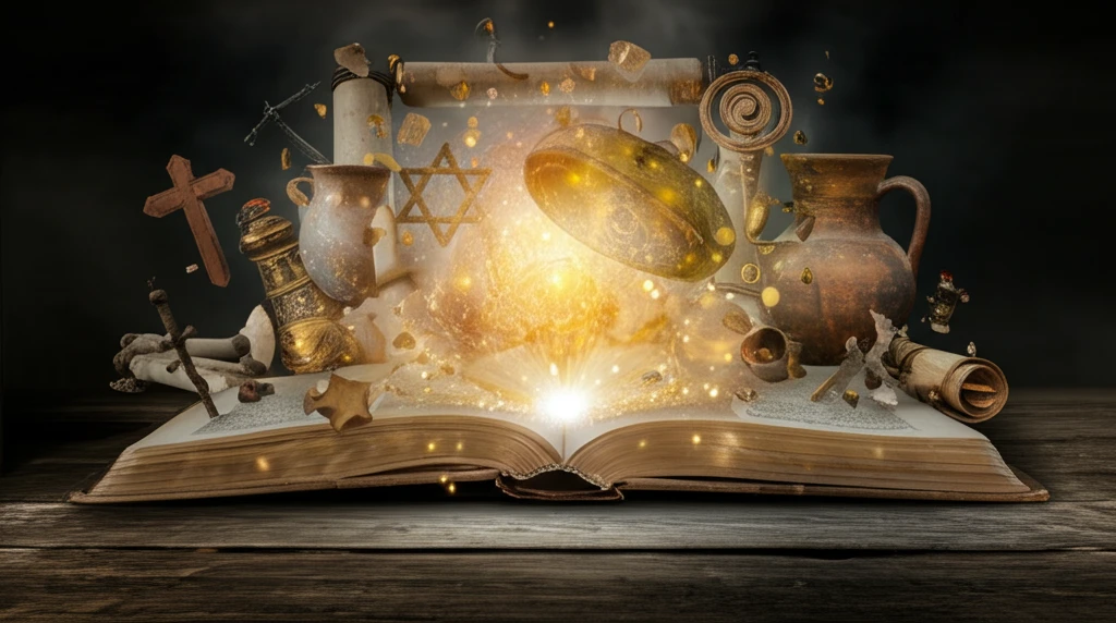 Open ancient book emitting light surrounded by artifacts and symbols.