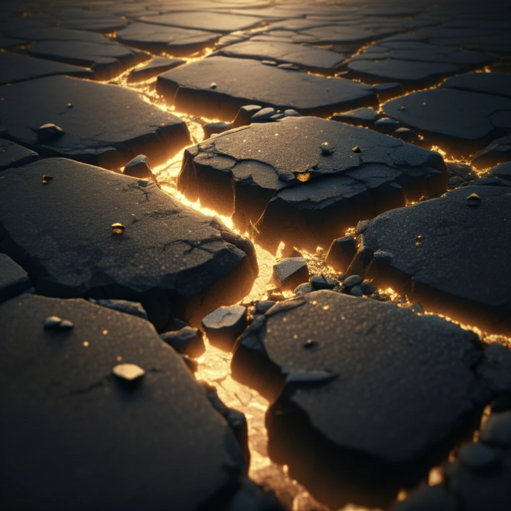 Cracked asphalt road with glowing sulfur particles.