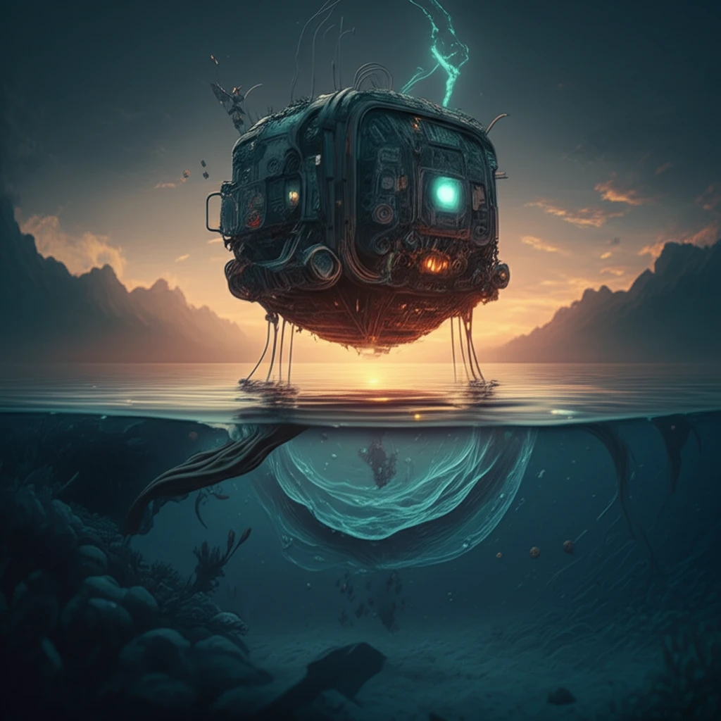 Futuristic floating device detecting underwater sediment with electromagnetic waves.