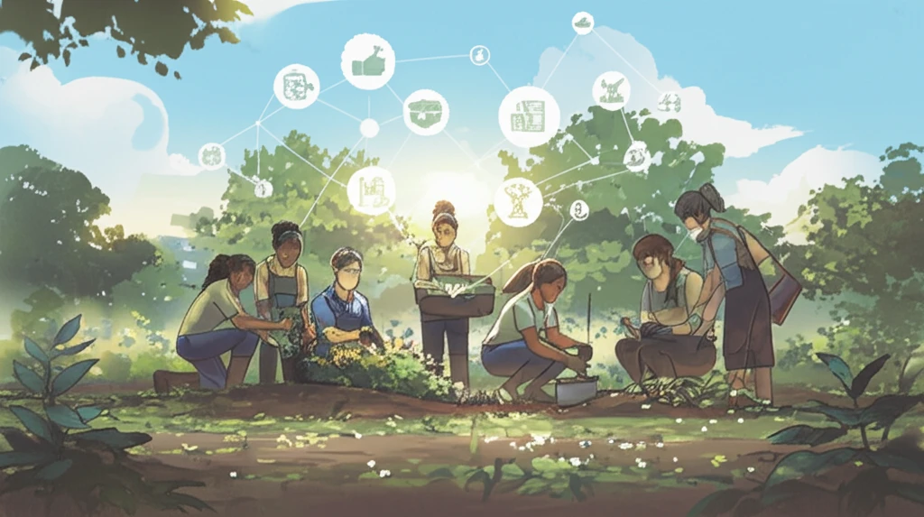 Diverse group of volunteers in a vibrant community garden, symbolizing teamwork and purpose.