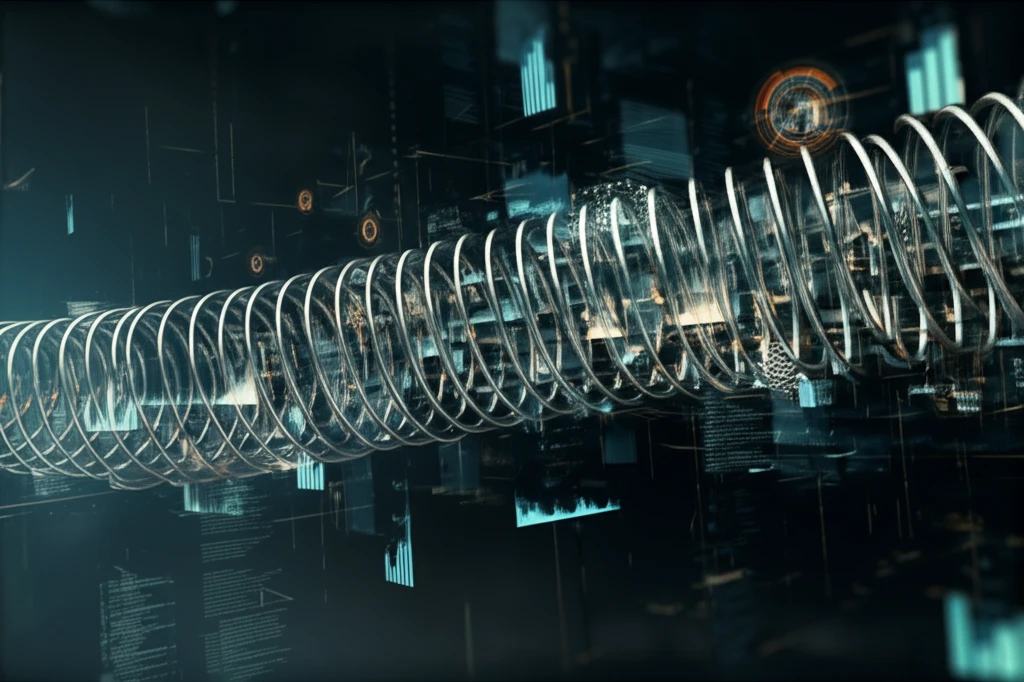 Surreal illustration of steel wire optimization with data visualizations.