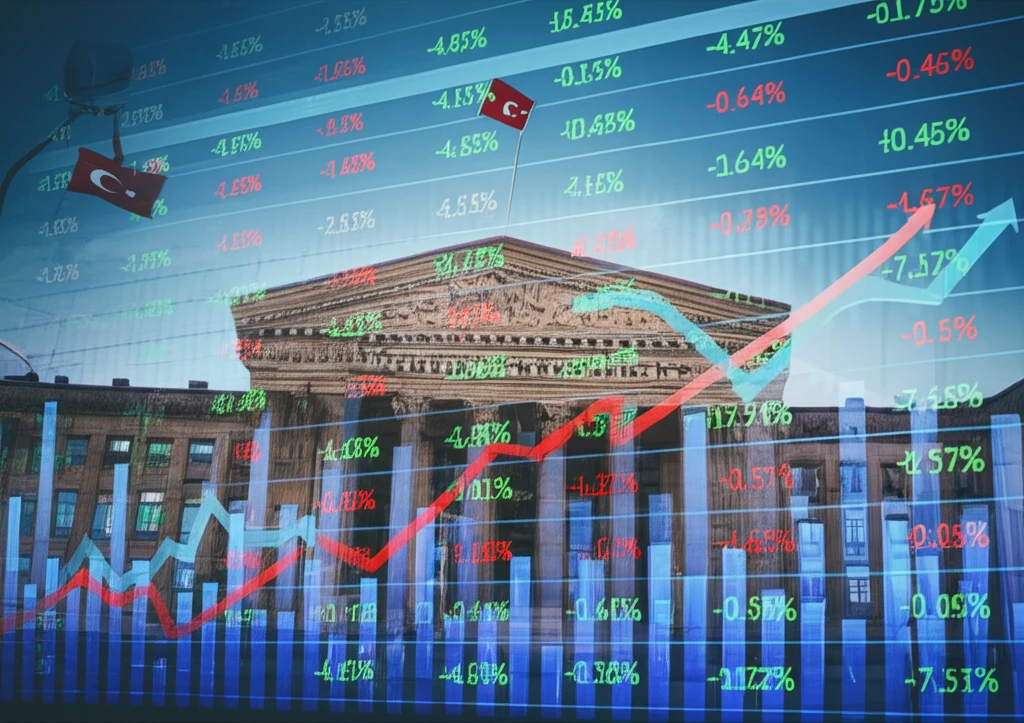 Surreal illustration of Turkish central bank symbolizing economic complexity