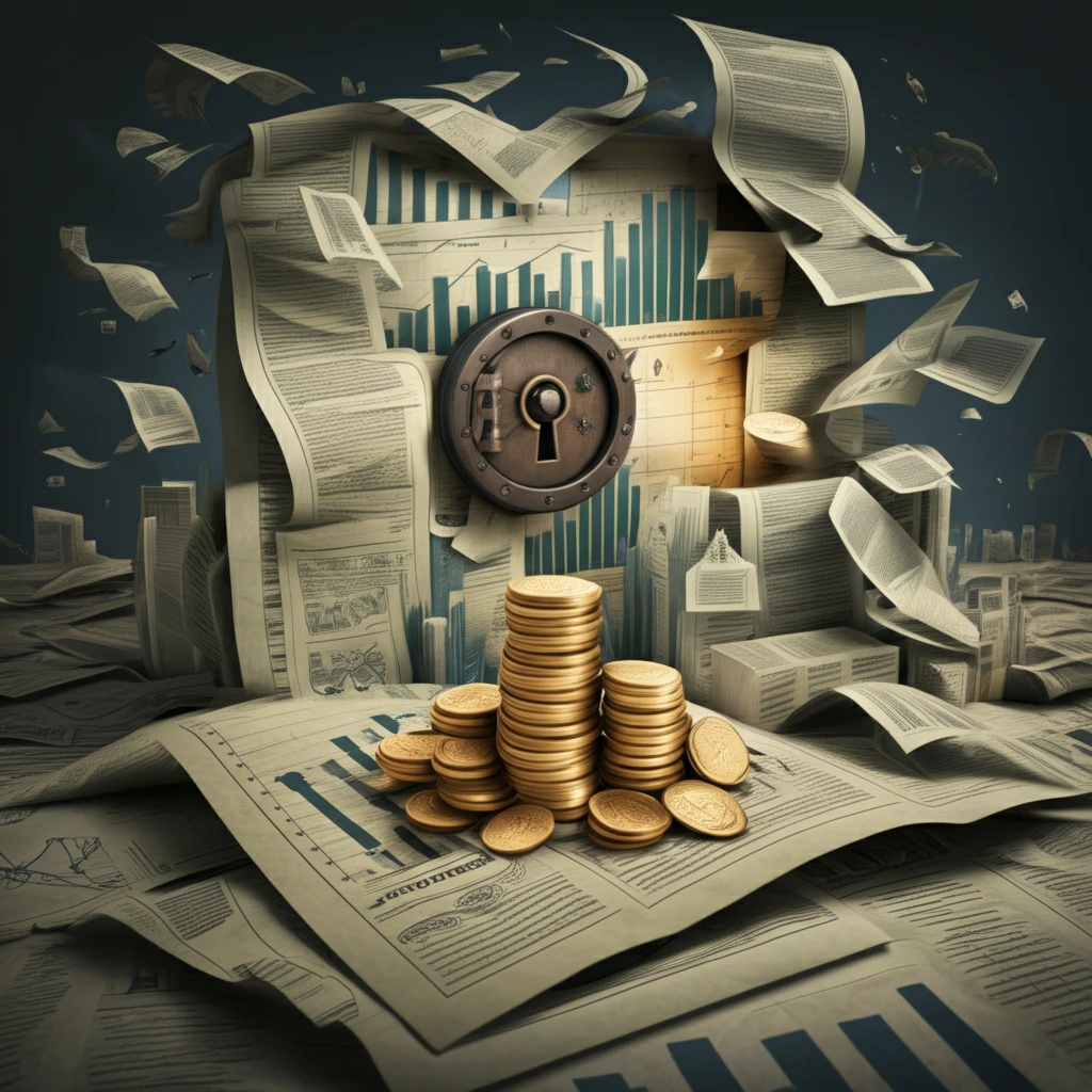 Financial cityscape with a key unlocking a vault of gold coins, representing asset-backed securities investment.