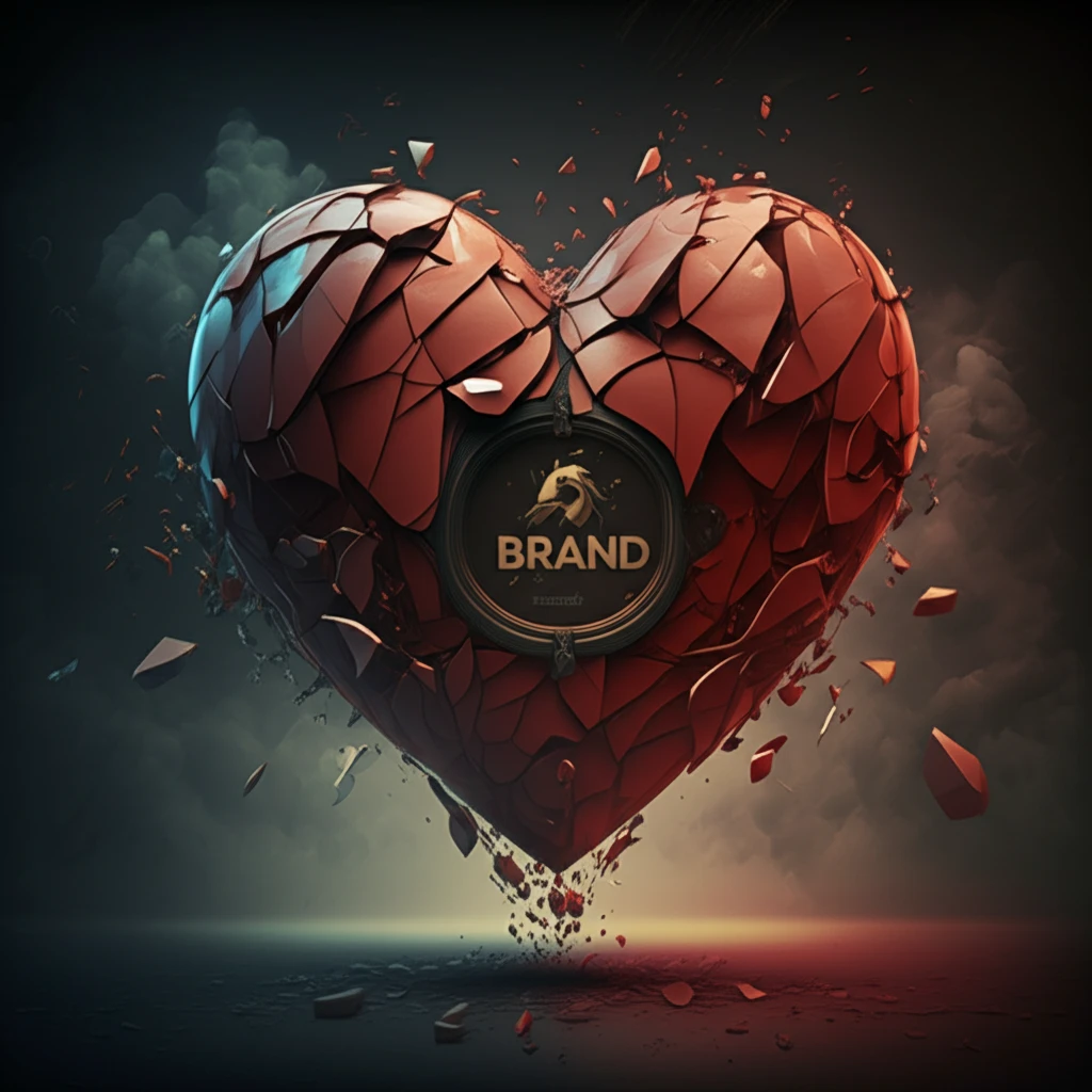 Shattered heart with a brand logo, symbolizing brand hate.