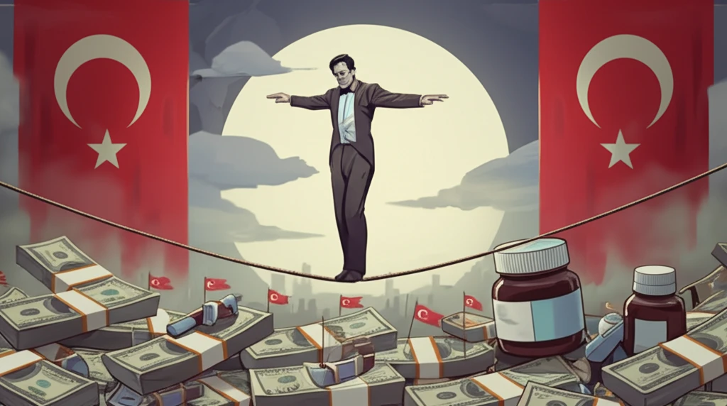 A tightrope walker balancing medicine and money, representing Turkey's economic policy.