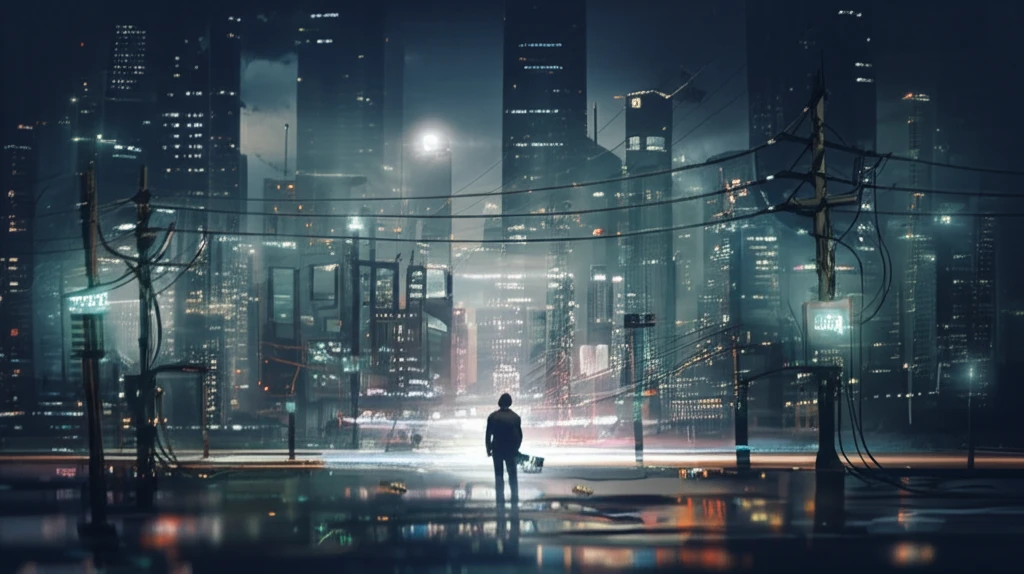 Futuristic city powered by a stable and clean energy grid, featuring D-STATCOM devices.