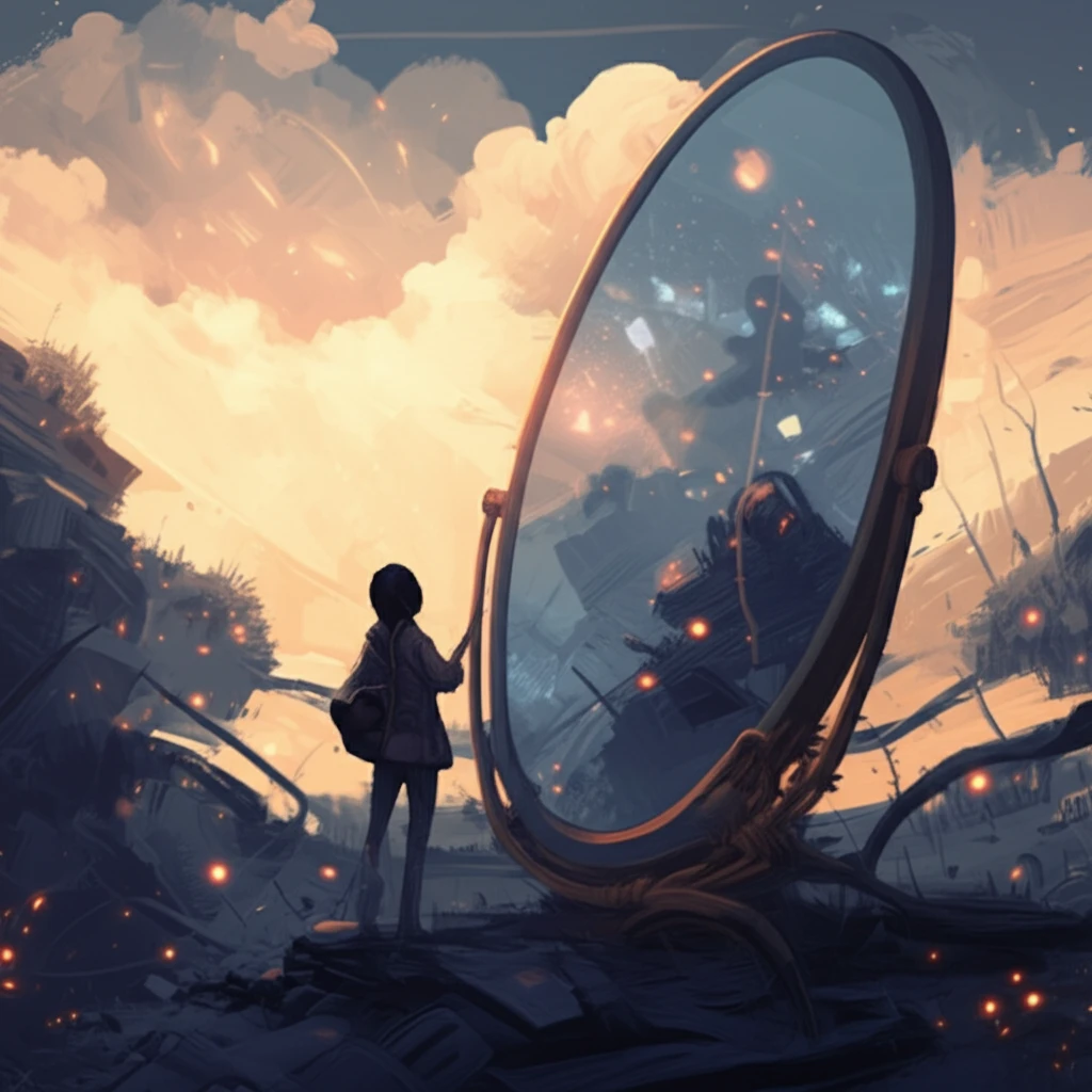 Surreal illustration of a person's reflection as an inner landscape.