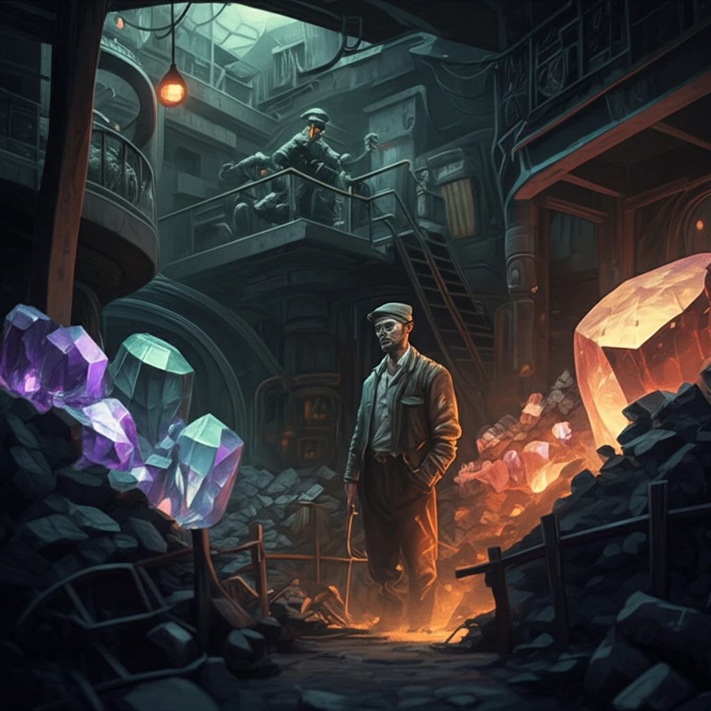 Surreal coal mine with jewels being mined.