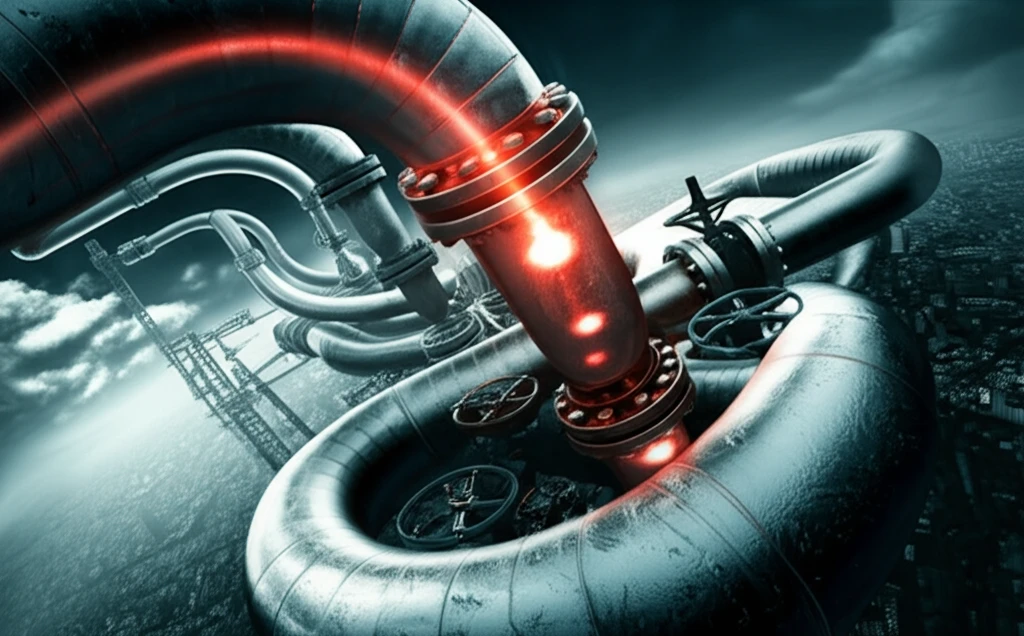 Surreal digital illustration of a pipeline with glowing stress points