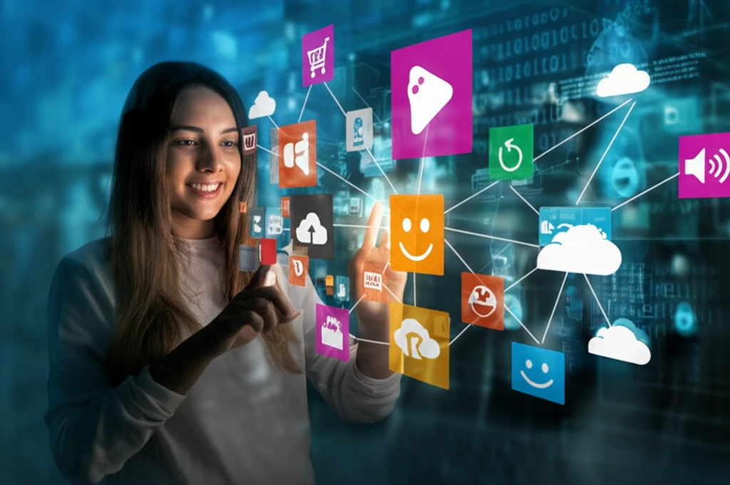 Happy user enjoying seamless online experiences through interconnected digital services