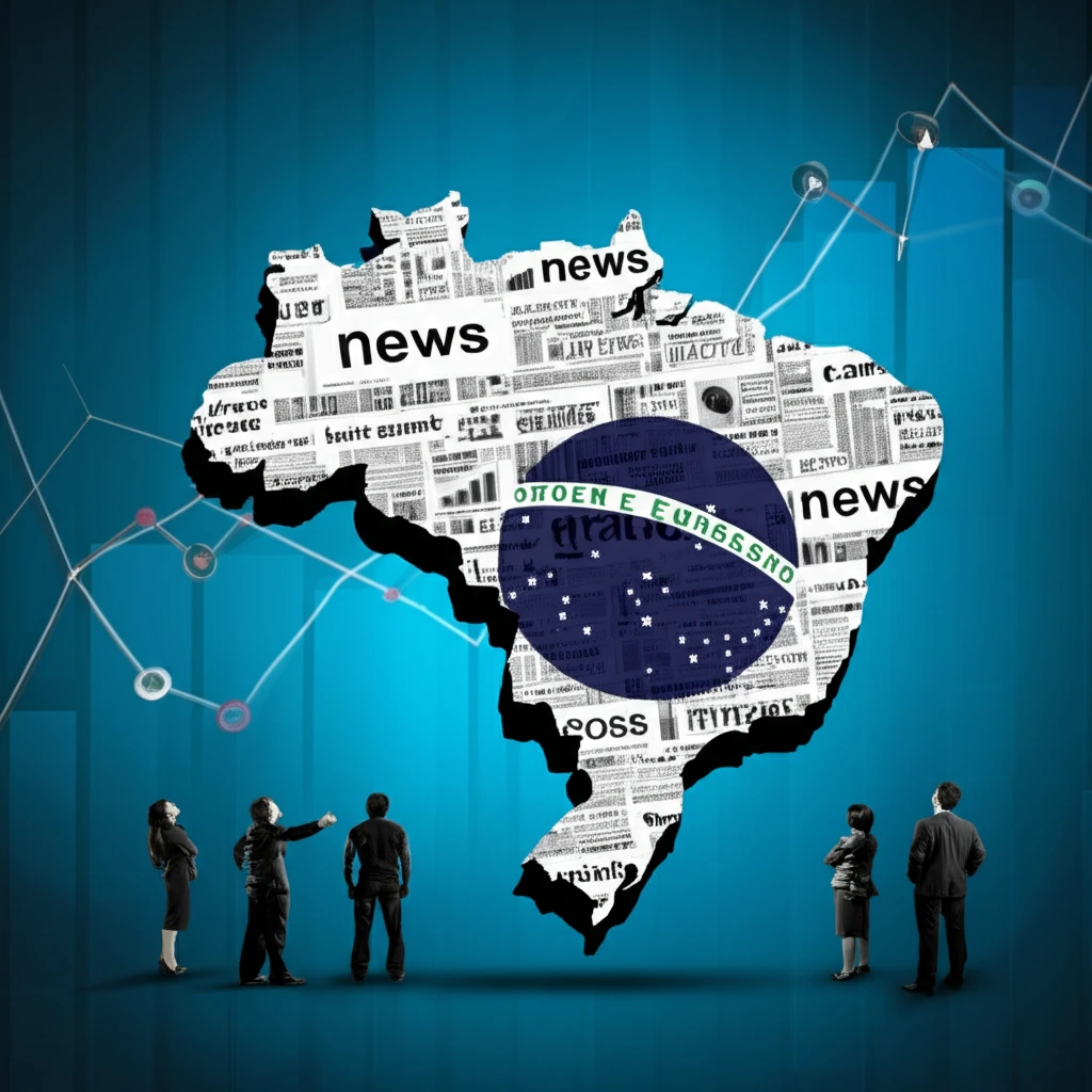 Surreal illustration of Brazil map made of news and charts showing economic concerns.