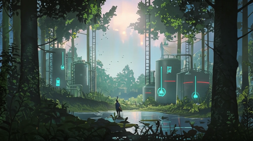 Nordic forest with biofuel production facilities.