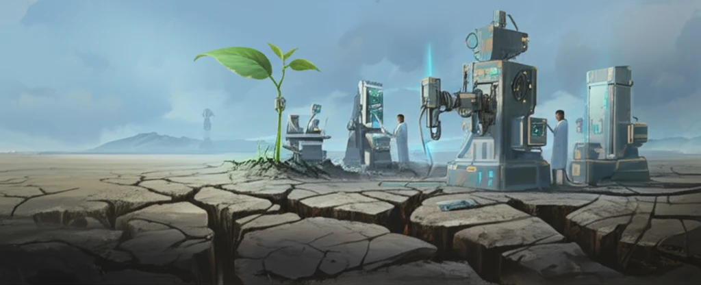 Futuristic soil remediation: Scientists scan cracked earth with plants growing.