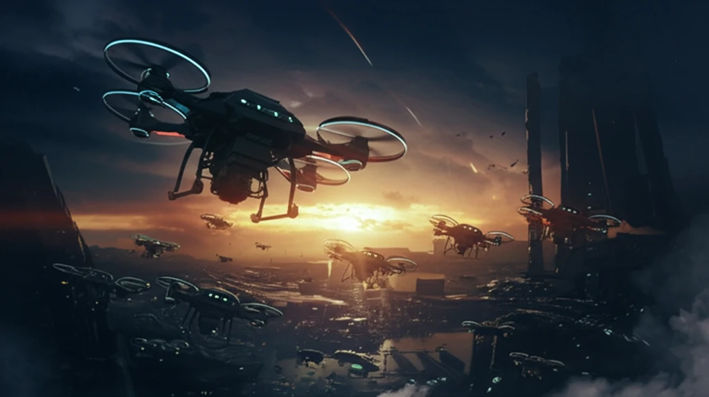 A drone swarm flying in formation inspired by bird flocks.
