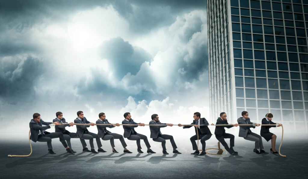 Tug-of-war between employees and office building, representing organizational politics