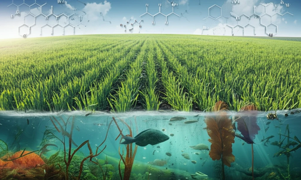 A surreal illustration of interconnected agriculture and aquatic ecosystems, symbolizing pesticide ecotoxicity.