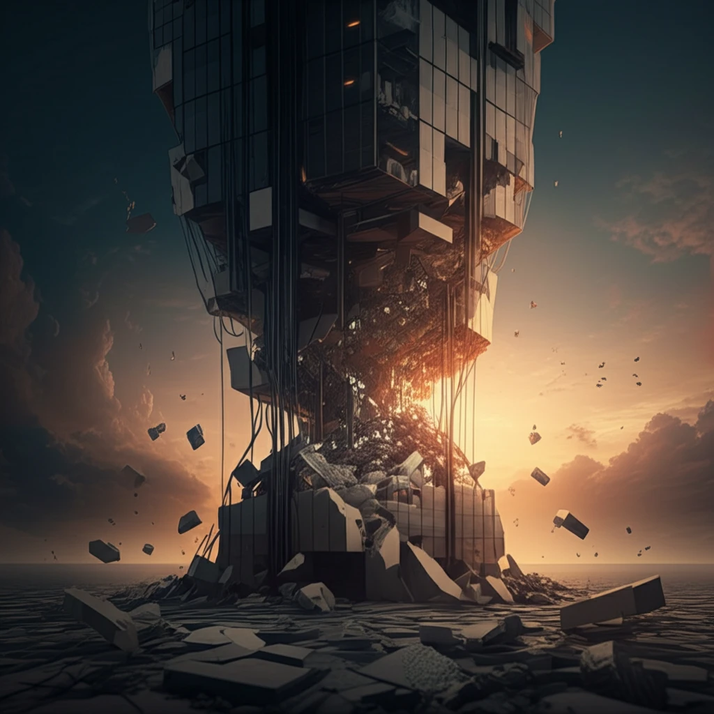 Surreal illustration of a skyscraper undergoing progressive collapse, highlighting structural resilience and engineering innovation.