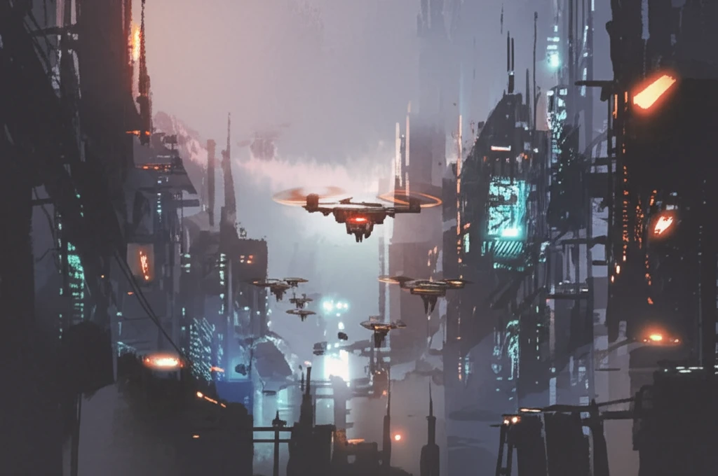 Nano drones flying through futuristic city