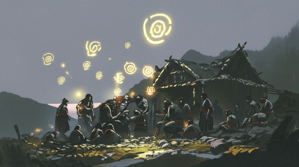 Ancient Albanian villagers listening to a storyteller with glowing symbols representing idioms.